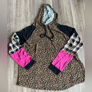 Cato Leopard Print Hoodie with Plaid and Pink Sleeves